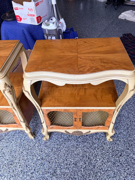 Matching Pair of Romweber French Provincial Louis XV style, Rococo serpentine burlwood nightstands/end tables approx 29t x 21.5w x14 For pick up only