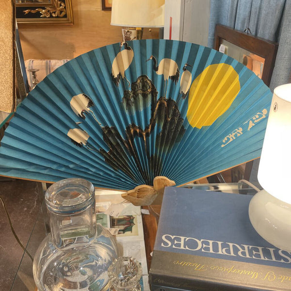 Decorative Blue Folding Fan with Storks -- on Wood Duck Stand 26" wide