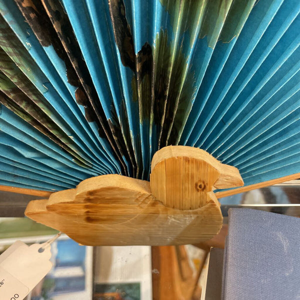 Decorative Blue Folding Fan with Storks -- on Wood Duck Stand 26" wide