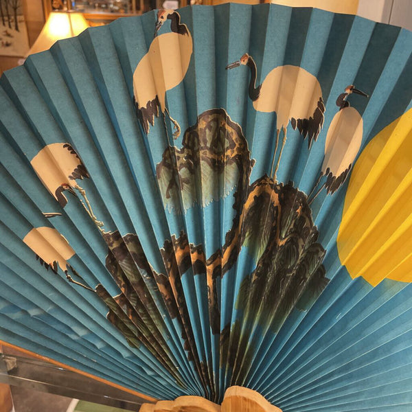 Decorative Blue Folding Fan with Storks -- on Wood Duck Stand 26" wide