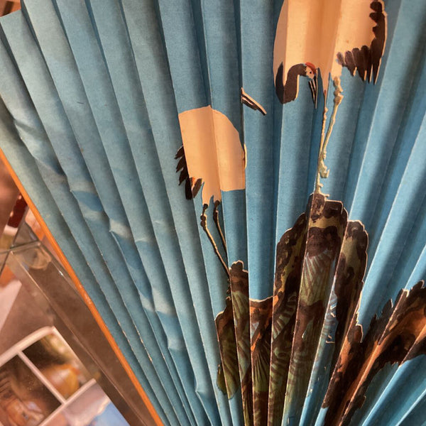 Decorative Blue Folding Fan with Storks -- on Wood Duck Stand 26" wide