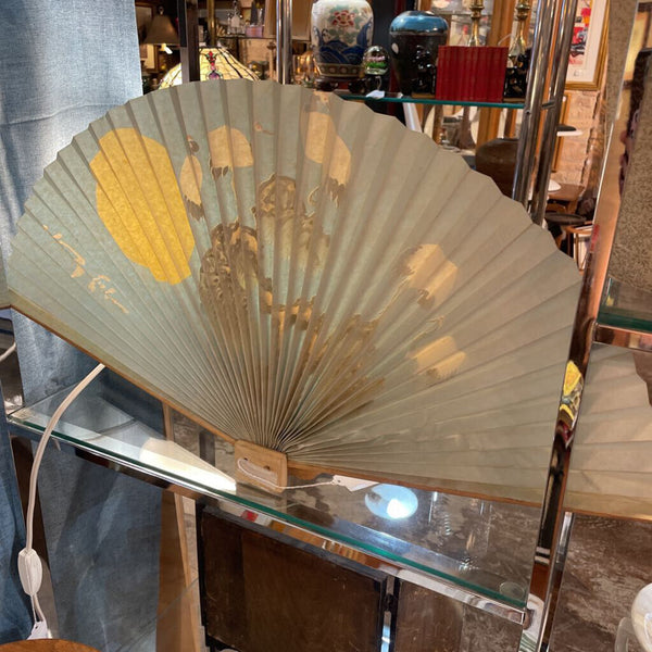 Decorative Blue Folding Fan with Storks -- on Wood Duck Stand 26" wide