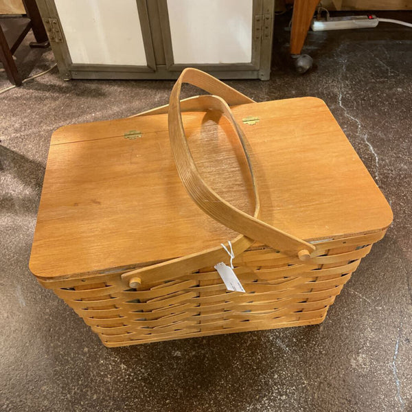 Vintage Woven Picnic Basket w/ Plaid Tablecloth, Plates-Cups-Utensils for 4