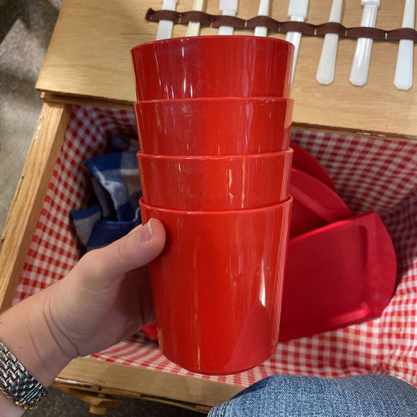 Vintage Woven Picnic Basket w/ Plaid Tablecloth, Plates-Cups-Utensils for 4