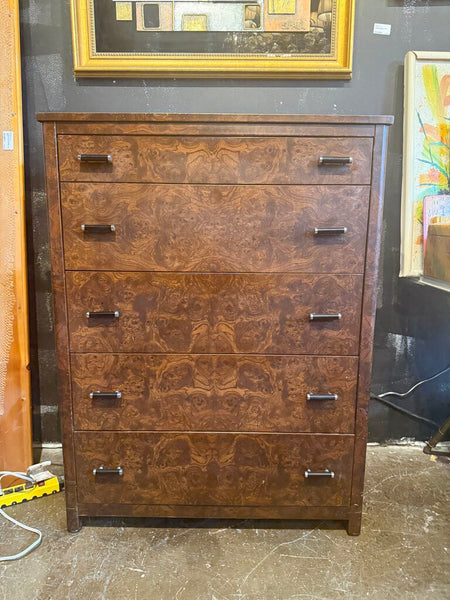 1940s Simmons Furniture Burl Painted Metal Dresser Art Deco Handles 45T 34W 19D