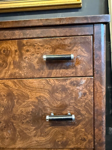 1940s Simmons Furniture Burl Painted Metal Dresser Art Deco Handles 45T 34W 19D