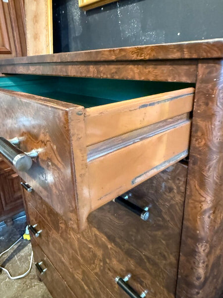 1940s Simmons Furniture Burl Painted Metal Dresser Art Deco Handles 45T 34W 19D