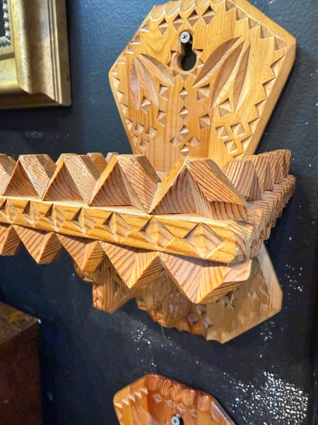 1970s signed tramp art small wall shelf - a pair