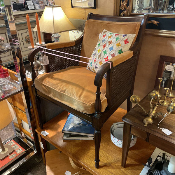 French Regency Caned Walnut and Orange Velvet Fauteuil Bergere Chair-- Made in 1967 by Hickory Chair Co. -- 25"W x 25"D x 34"T -- IN STORE PICK UP ONLY