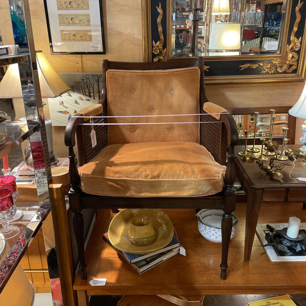French Regency Caned Walnut and Orange Velvet Fauteuil Bergere Chair-- Made in 1967 by Hickory Chair Co. -- 25"W x 25"D x 34"T -- IN STORE PICK UP ONLY