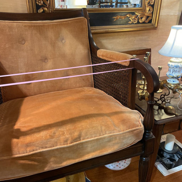 French Regency Caned Walnut and Orange Velvet Fauteuil Bergere Chair-- Made in 1967 by Hickory Chair Co. -- 25"W x 25"D x 34"T -- IN STORE PICK UP ONLY