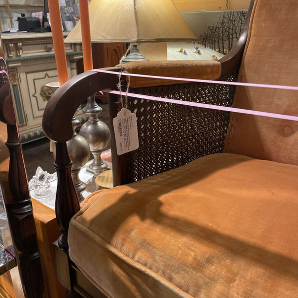 French Regency Caned Walnut and Orange Velvet Fauteuil Bergere Chair-- Made in 1967 by Hickory Chair Co. -- 25"W x 25"D x 34"T -- IN STORE PICK UP ONLY