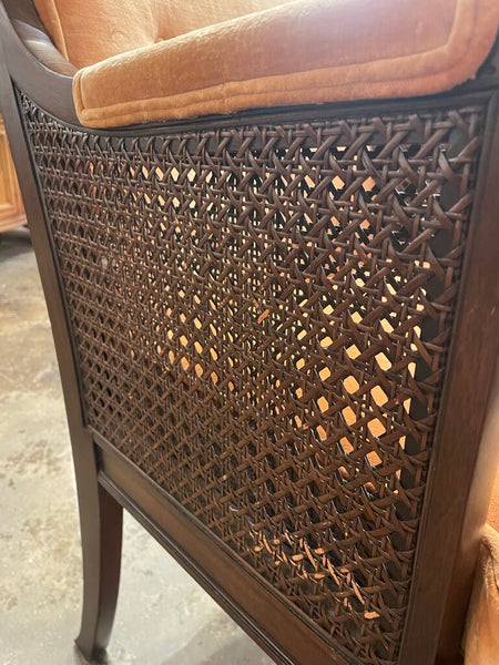 French Regency Caned Walnut and Orange Velvet Fauteuil Bergere Chair-- Made in 1967 by Hickory Chair Co. -- 25"W x 25"D x 34"T -- IN STORE PICK UP ONLY