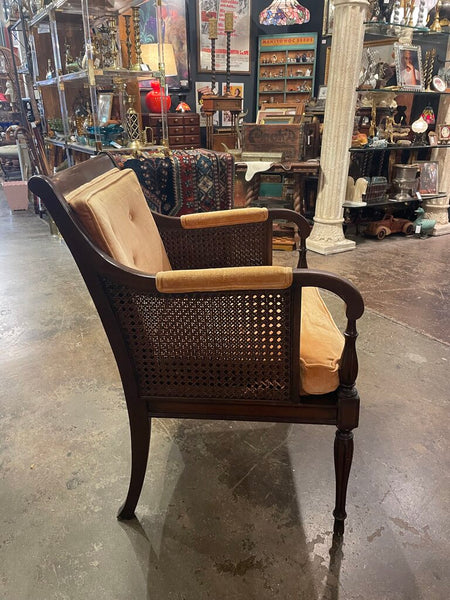 French Regency Caned Walnut and Orange Velvet Fauteuil Bergere Chair-- Made in 1967 by Hickory Chair Co. -- 25"W x 25"D x 34"T -- IN STORE PICK UP ONLY
