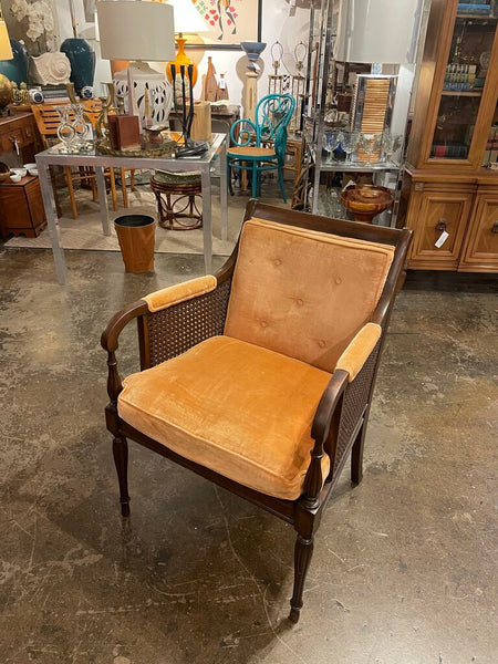 French Regency Caned Walnut and Orange Velvet Fauteuil Bergere Chair-- Made in 1967 by Hickory Chair Co. -- 25"W x 25"D x 34"T -- IN STORE PICK UP ONLY