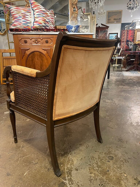 French Regency Caned Walnut and Orange Velvet Fauteuil Bergere Chair-- Made in 1967 by Hickory Chair Co. -- 25"W x 25"D x 34"T -- IN STORE PICK UP ONLY