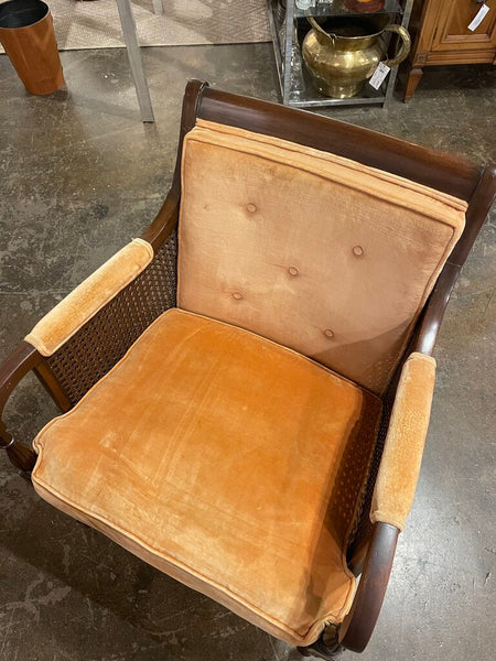 French Regency Caned Walnut and Orange Velvet Fauteuil Bergere Chair-- Made in 1967 by Hickory Chair Co. -- 25"W x 25"D x 34"T -- IN STORE PICK UP ONLY