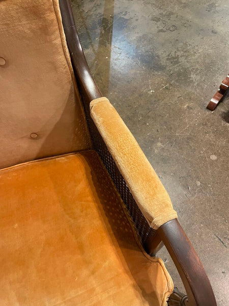 French Regency Caned Walnut and Orange Velvet Fauteuil Bergere Chair-- Made in 1967 by Hickory Chair Co. -- 25"W x 25"D x 34"T -- IN STORE PICK UP ONLY