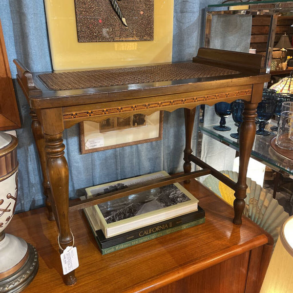 Antique Wood and Cane Bench w/ Wood Inlay Marquetry, Turned Legs, and Scallop Detail -- 24"W x 21"T x 14"D -- IN STORE PICK UP ONLY
