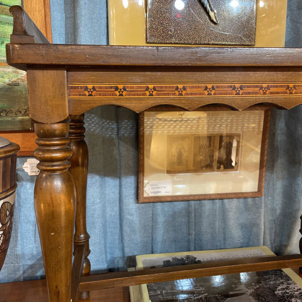 Antique Wood and Cane Bench w/ Wood Inlay Marquetry, Turned Legs, and Scallop Detail -- 24"W x 21"T x 14"D -- IN STORE PICK UP ONLY