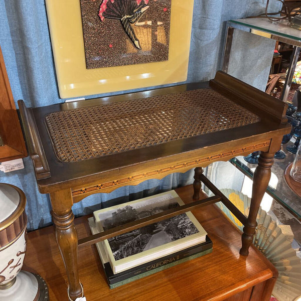 Antique Wood and Cane Bench w/ Wood Inlay Marquetry, Turned Legs, and Scallop Detail -- 24"W x 21"T x 14"D -- IN STORE PICK UP ONLY