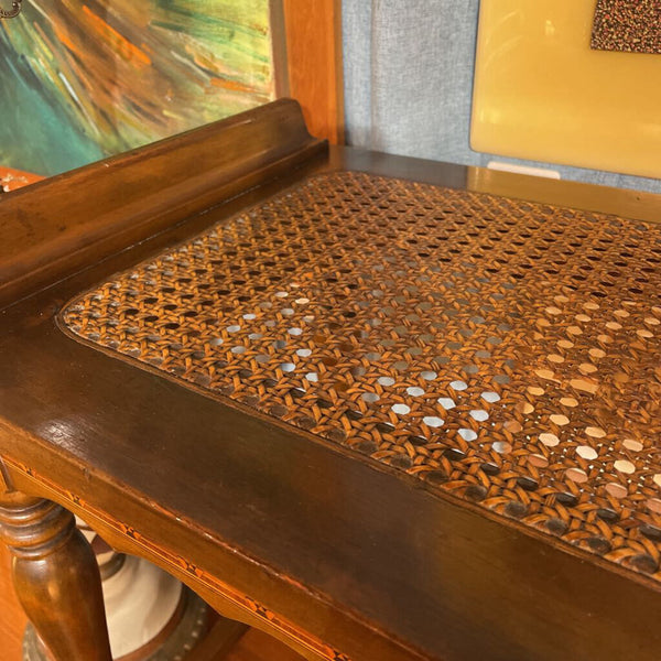 Antique Wood and Cane Bench w/ Wood Inlay Marquetry, Turned Legs, and Scallop Detail -- 24"W x 21"T x 14"D -- IN STORE PICK UP ONLY