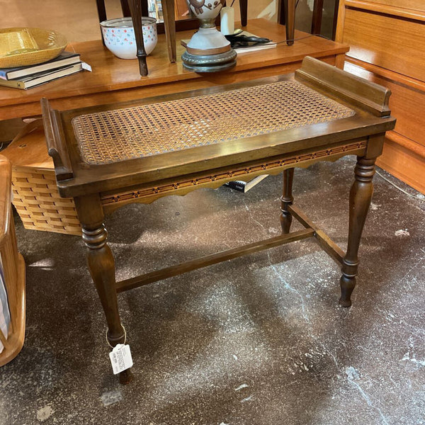 Antique Wood and Cane Bench w/ Wood Inlay Marquetry, Turned Legs, and Scallop Detail -- 24"W x 21"T x 14"D -- IN STORE PICK UP ONLY