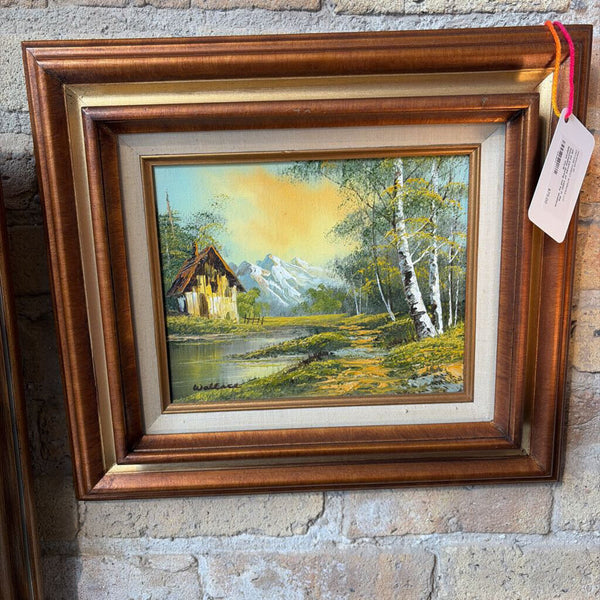 Oil on canvas of cabin in the mountains during fall by Wallace approx 17x15