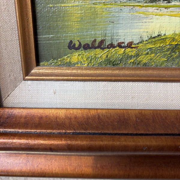 Oil on canvas of cabin in the mountains during fall by Wallace approx 17x15