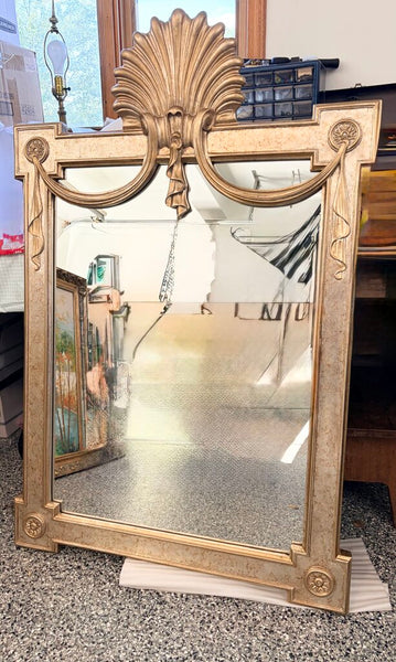 Large mottled gold guild mirror with shell and drape motif approx 49x32 for pick up only