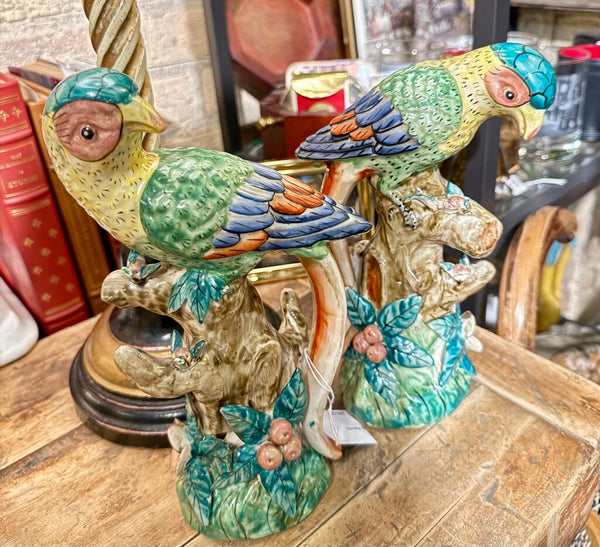 Pair Majolica Style Birds Parrots 10 in as found
