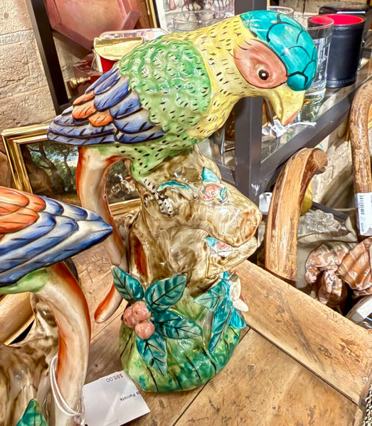 Pair Majolica Style Birds Parrots 10 in as found