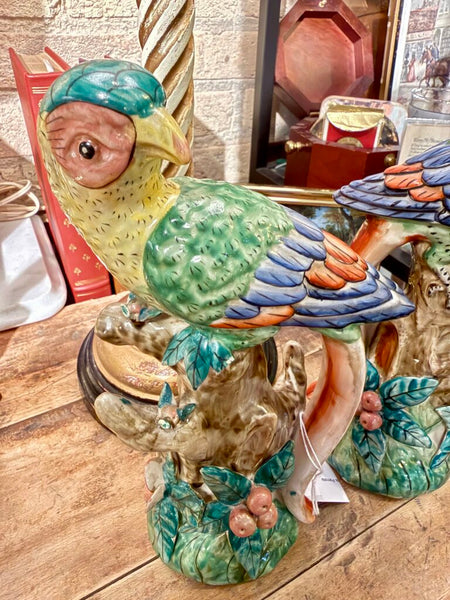 Pair Majolica Style Birds Parrots 10 in as found
