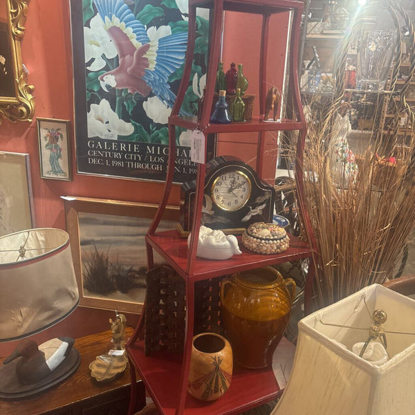 Red Metal PAGODA Style Shelving Unit . 4 pieces separate and stack on each other . In store pick up only . 60 tall 25 wide 20 deep