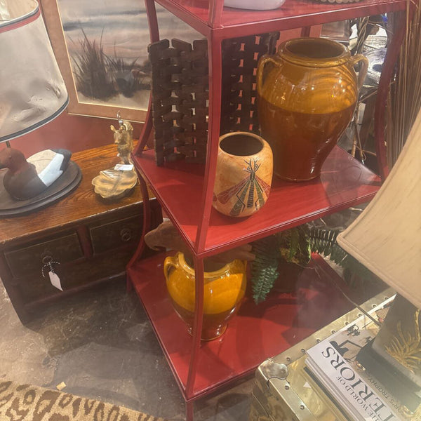 Red Metal PAGODA Style Shelving Unit . 4 pieces separate and stack on each other . In store pick up only . 60 tall 25 wide 20 deep