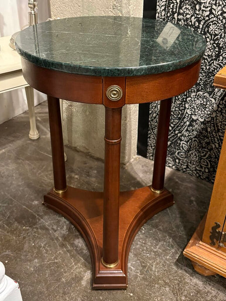 1980s MARBLE TOPPED WOOD TABLE W/BRASS MEDALLIONS