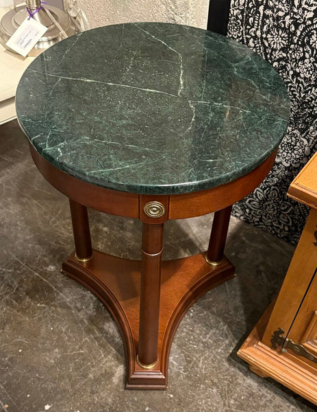 1980s MARBLE TOPPED WOOD TABLE W/BRASS MEDALLIONS