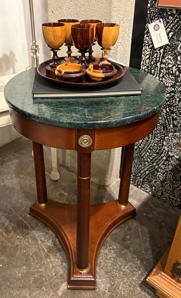 1980s MARBLE TOPPED WOOD TABLE W/BRASS MEDALLIONS