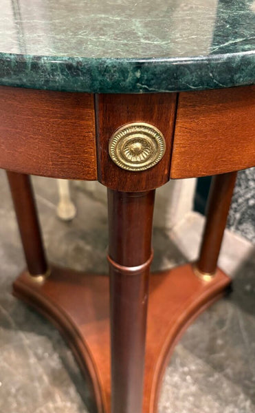 1980s MARBLE TOPPED WOOD TABLE W/BRASS MEDALLIONS