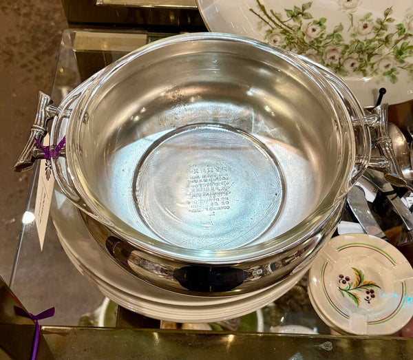 FAUX BAMBOO HANDLED SILVER PLATE LIDDED BOWL W/PYREX INSERT