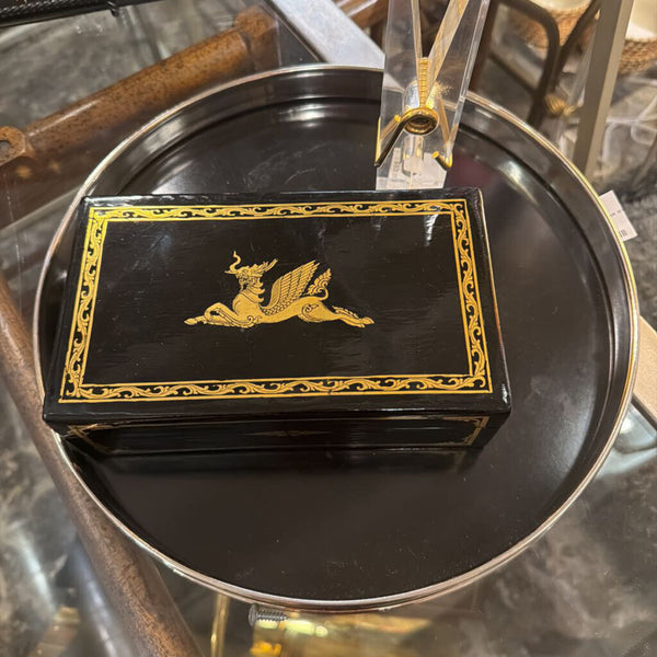 Vintage Black Lacquered Asian trinket box with mythical creature