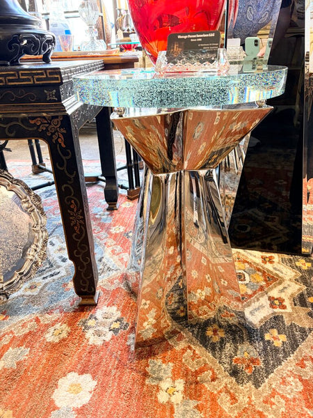 Bernhardt Anika round chair side table featuring a bubble glass top supported by ball accents on a polished 4 point star stainless steel base-for pick up only 23.5tx16.5x16.5