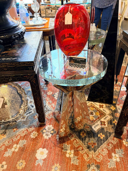 Bernhardt Anika round chair side table featuring a bubble glass top supported by ball accents on a polished 4 point star stainless steel base-for pick up only 23.5tx16.5x16.5