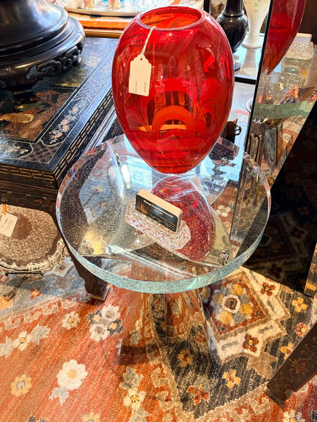 Bernhardt Anika round chair side table featuring a bubble glass top supported by ball accents on a polished 4 point star stainless steel base-for pick up only 23.5tx16.5x16.5