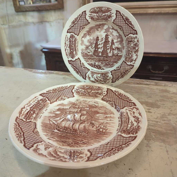 LSBJ - Brown Transferware, Alfred Meakin Fair Winds, 11 Plates + 6 Bowls