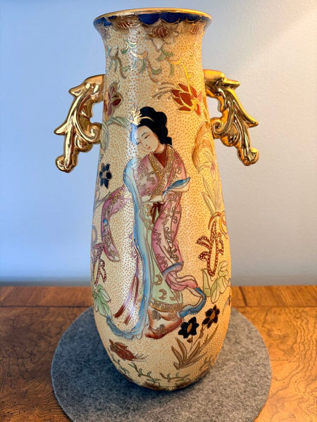 Vintage Japanese Satsuma large 14x8 inch handled vase with Geishas
