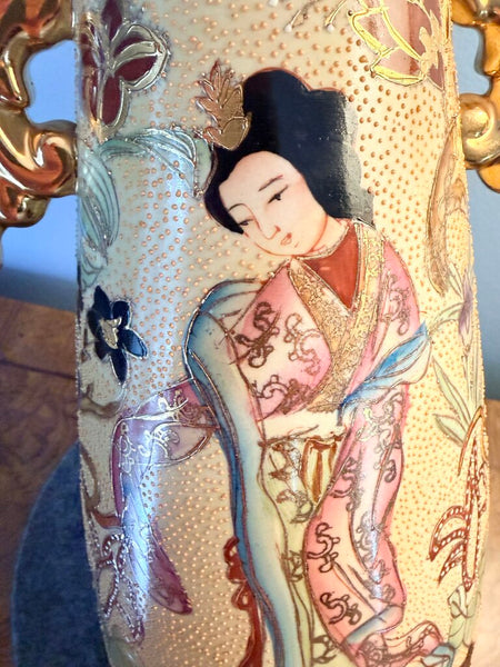 Vintage Japanese Satsuma large 14x8 inch handled vase with Geishas