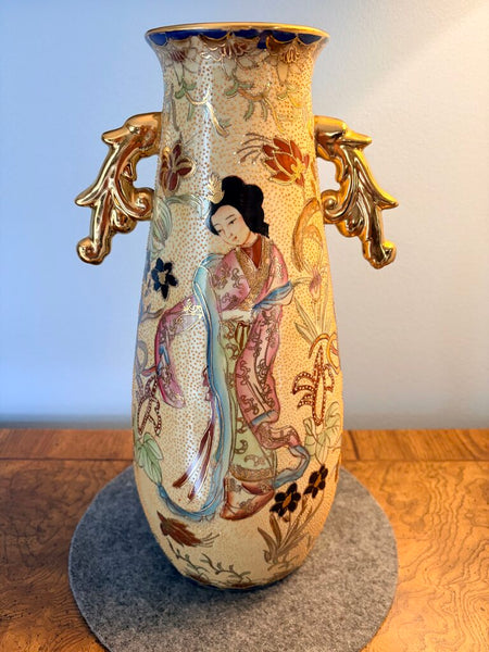 Vintage Japanese Satsuma large 14x8 inch handled vase with Geishas