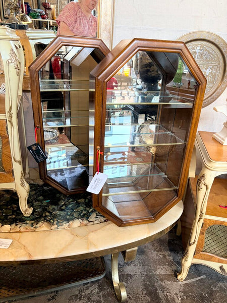 Vintage walnut hexagonal display cabinet-freestanding or hanging by Butler approx 28.5tx15.5w for pick up only