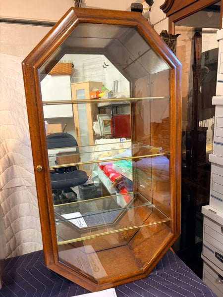 Vintage walnut hexagonal display cabinet-freestanding or hanging by Butler approx 28.5tx15.5w for pick up only